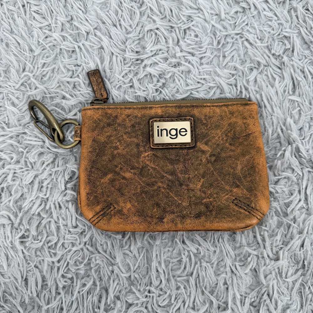 Inge Distressed Brown Rust Colored Leather Zip Coin Purse Key Pouch wCarabiner